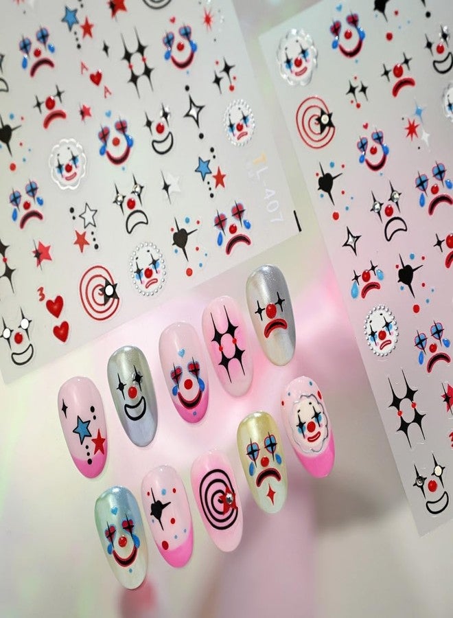 Sevgob Halloween Nail Stickers 5D Embossed Clown Nail Art Stickers 3D Self Adhesive Red Blue Black Gothic Nail Decals Star Hearts Nails Design Funny Face Nails Supplies for Women Girls 1 Sheet - Image 5